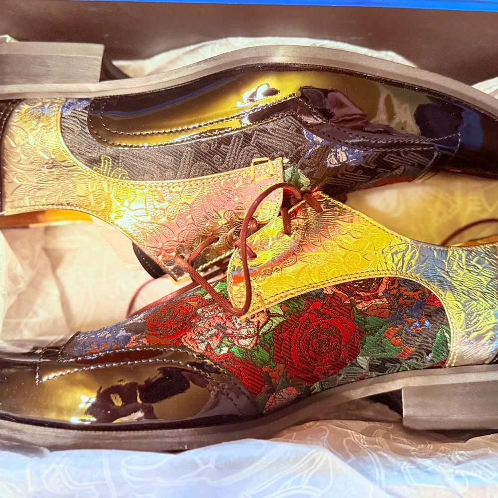 John Fluevog Patent Gold, Black and Brocade